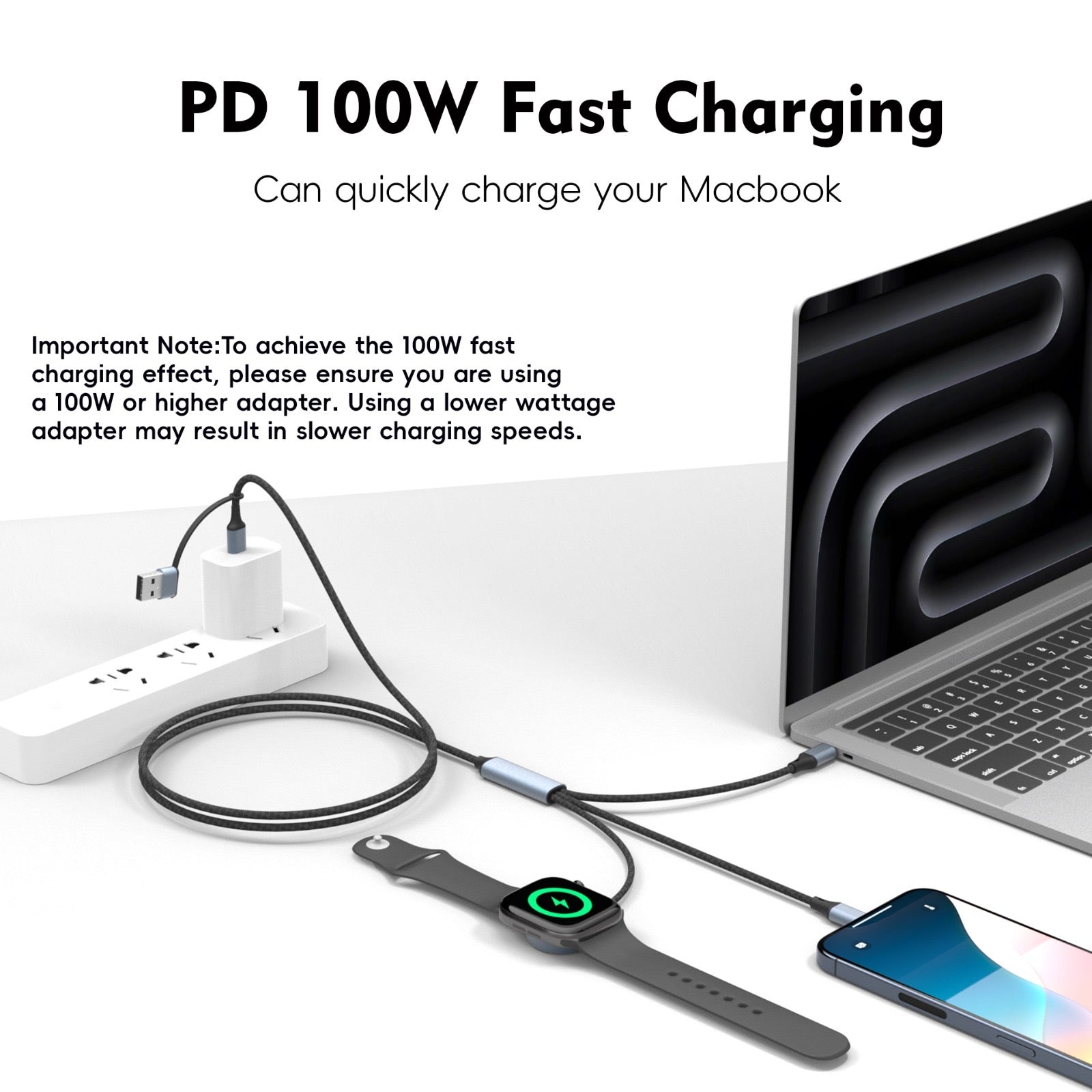 100W Universal 3-in-1 Cable with Watch Charger