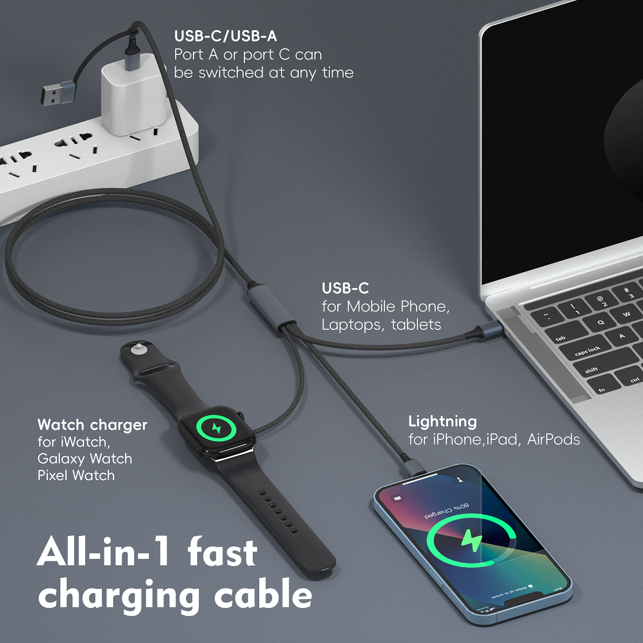 100W Universal 3-in-1 Cable with Watch Charger