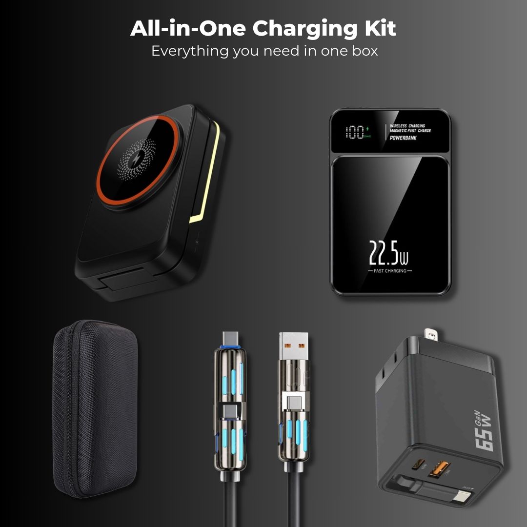 All-in-One Charging Kit with various components on a dark background