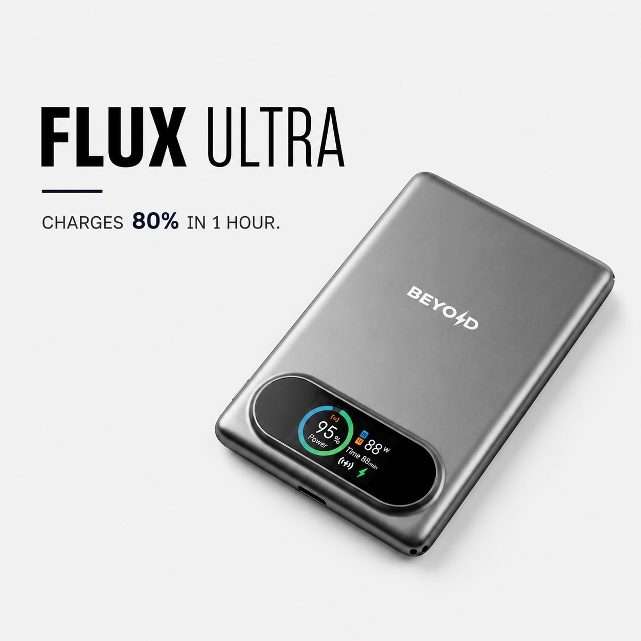 A gray BEYOLD Flux Ultra portable power bank with a built-in digital display screen, shown on a light gray background with promotional text that reads 'FLUX ULTRA CHARGES 80% IN 1 HOUR.'.