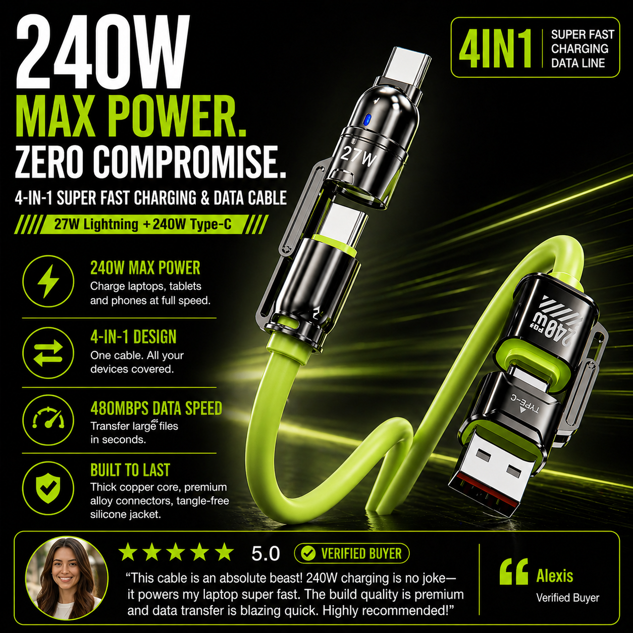 ChargeFlex 240W 4-in-1 Fast Charging Cable
