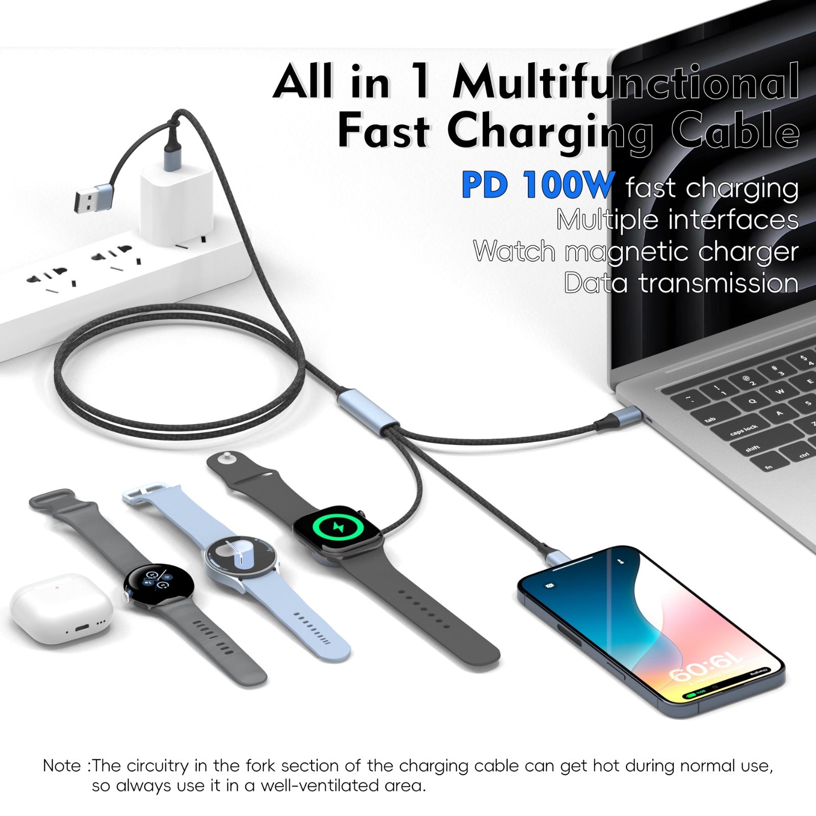 100W Universal 3-in-1 Cable with Watch Charger