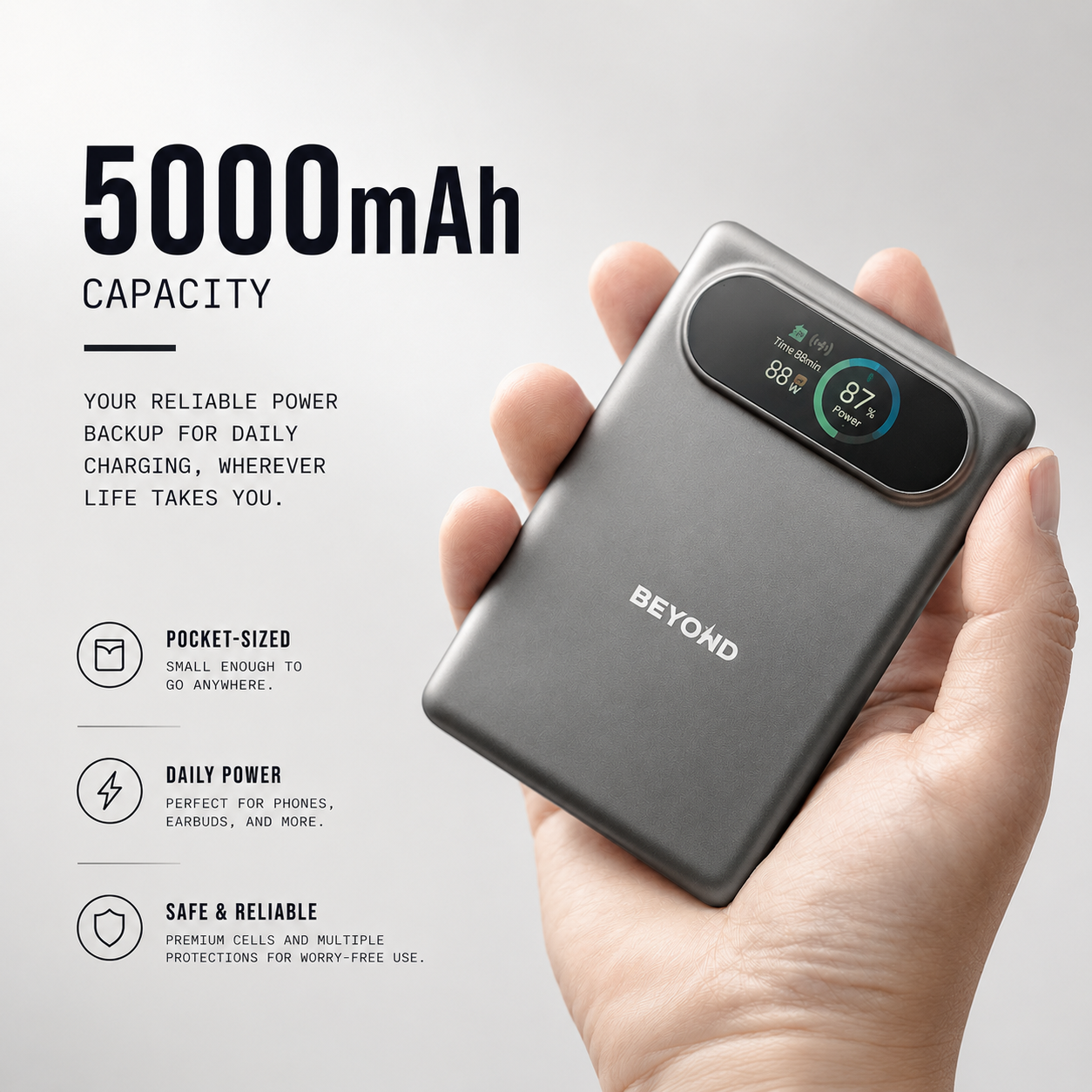 A hand holding a gray BEYOND brand 5000mAh portable power bank against a light gray background, with promotional text highlighting its large capacity and key features.