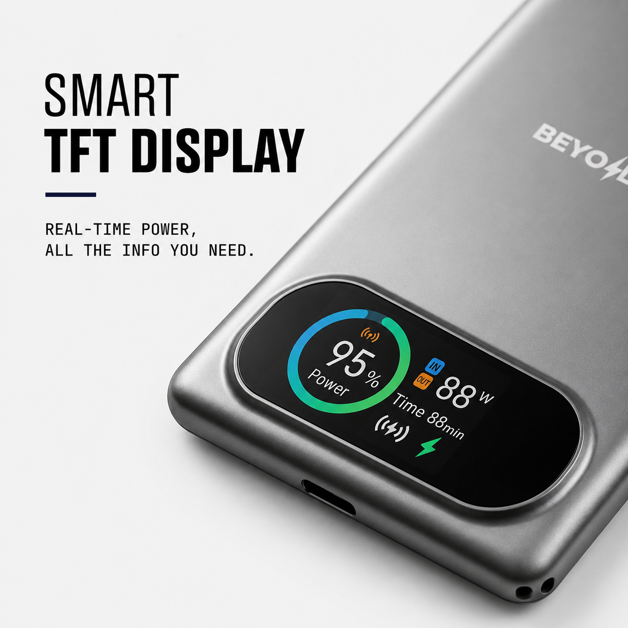 A close-up of a gray smartphone showing a built-in smart TFT display on the back, with text reading 'SMART TFT DISPLAY' and 'REAL-TIME POWER, ALL THE INFO YOU NEED.' The display shows battery percentage, time, and power output.