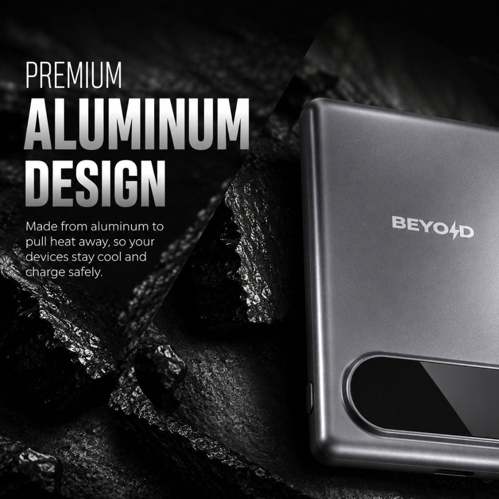 A dark gray BEYOND aluminum phone cooling pad shown on a textured black background with promotional text highlighting its premium aluminum design.