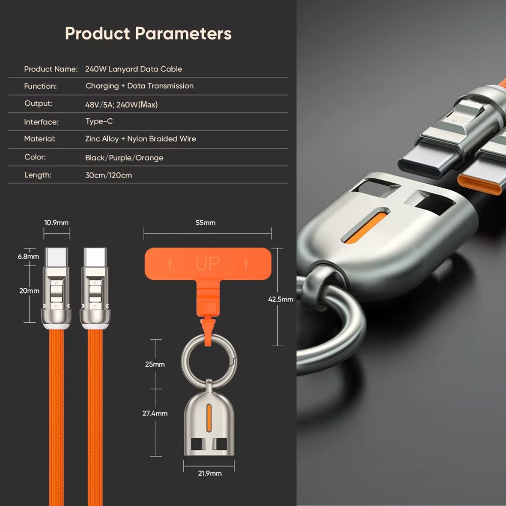SnapFast Lanyard Cable — 240W USB-C to USB-C Fast Charging