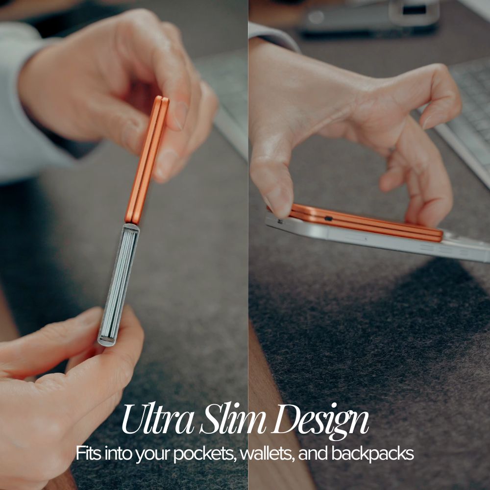 Two views of a person holding a small orange and silver pen, with text about its ultra-slim design.