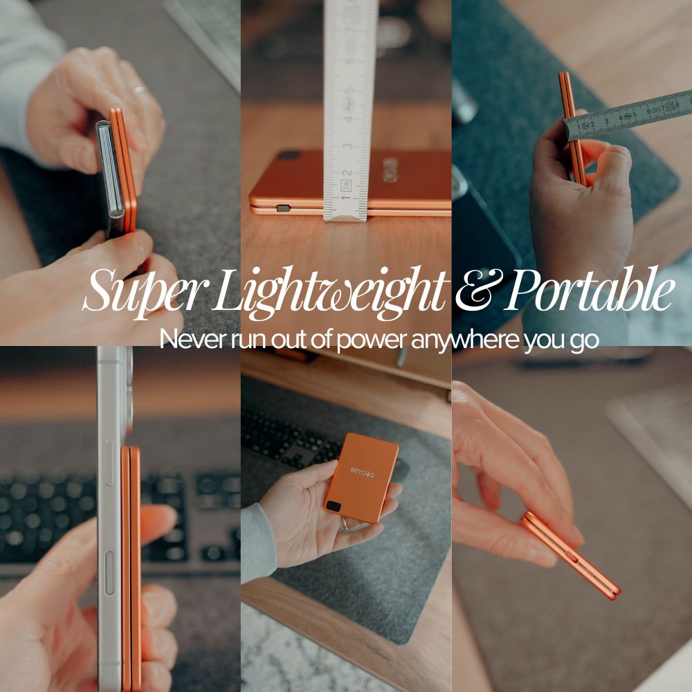 Collage of a person holding a portable device with text highlighting its lightweight and portable nature.