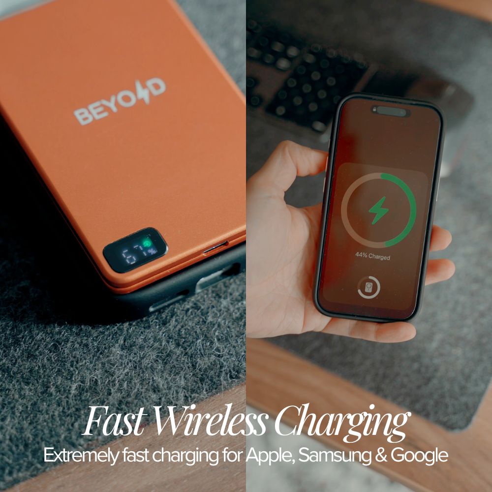 Orange power bank with 'BEYOND' branding and a smartphone being charged, showing a charging icon on the screen.
