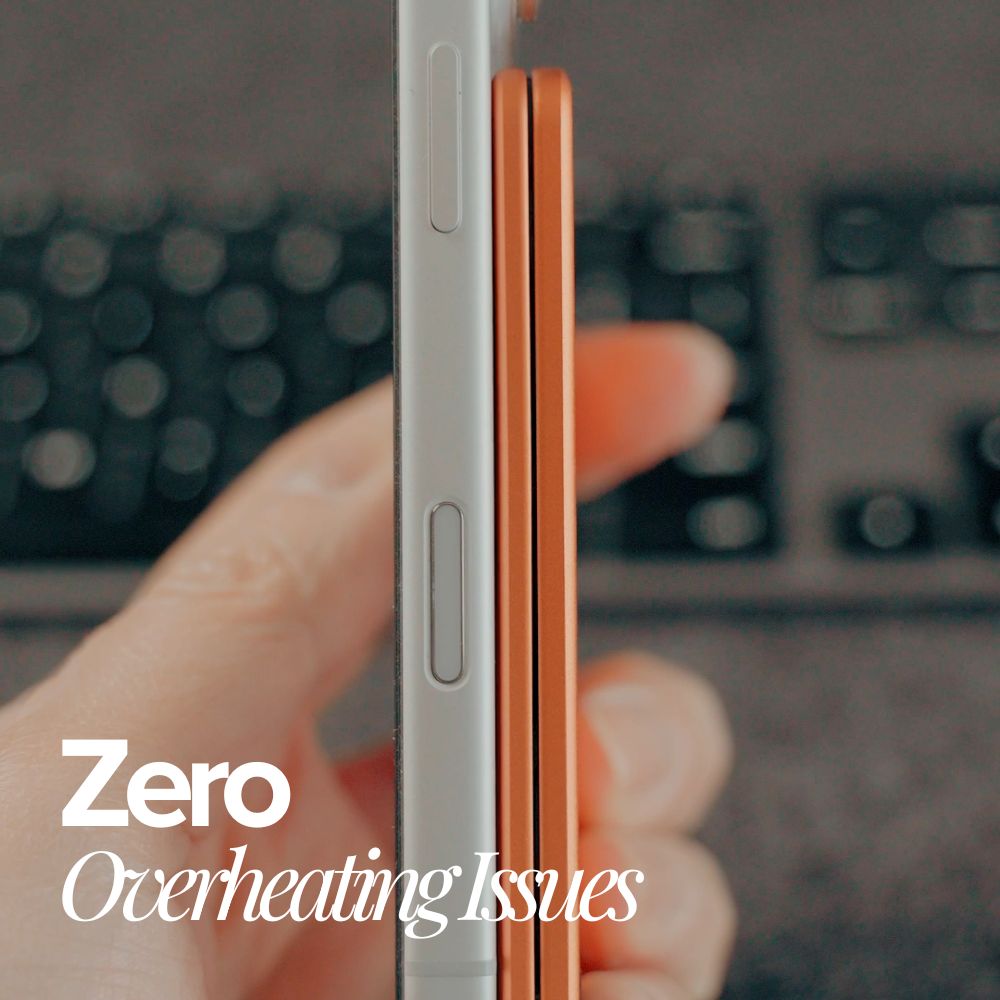 Two smartphones held side by side with a blurred background and text 'Zero Overheating Issues'.